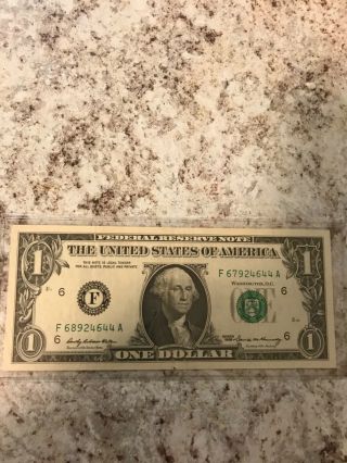 1969 United States $1 Federal Reserve Error Mismatched Serial Numbers Bank Note