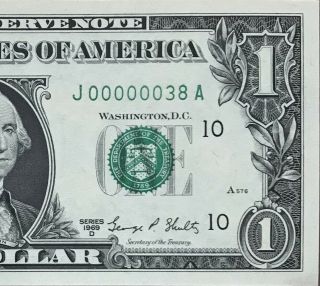 Unc 1969d $1 Bill Low 2 Digit Fancy Serial J 00000038 A Gem