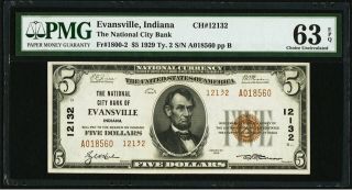 Evansville,  In - $5 1929 Ty.  2 The National City Bank Ch.  12132 Pmg Choice Unc