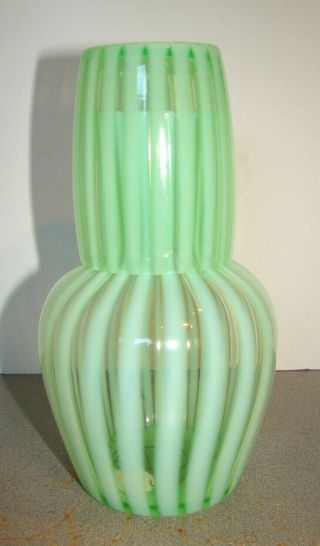 Vintage Fenton Green Opalescent Rib Optic Bottle & Tumbler Night Set Tumble Up