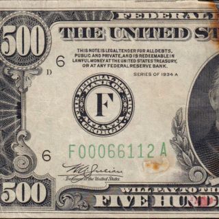 1 Day 1934a $500 Atlanta,  Ga Five Hundred Dollar Bill 1000 Fr2202 66112a