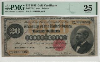 1882 $20 Gold Certificate Fr.  1178 Gold Coin Pmg Certified Very Fine 25 (658)
