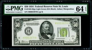 $50 1934 Federal Reserve Note St.  Louis Fr 2102 " Light Green Seal " Pmg 64 Epq Cu