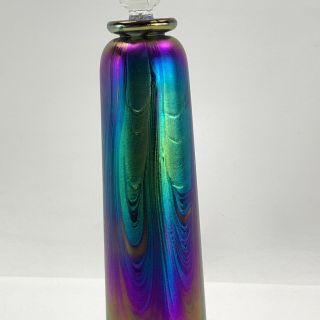 Tall Signed Iridescent Blue Studio Glass Perfume Bottle 7.  5”,  Stopper 2