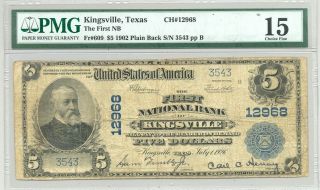 $5 Series 1902 National Banknote From Kingsville Tx Charter 12968 Pmg Fine 15