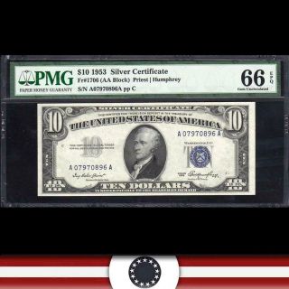 1953 $10 Silver Certifcate Pmg 66 Epq Fr 1706 A07970896a