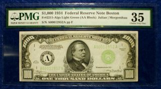 1934 $1000 Federal Reserve Currency Banknote Boston District Pmg Vf35