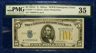 1934 - A $5 North Africa Silver Certificate Currency Banknote Pmg Vf35 Star
