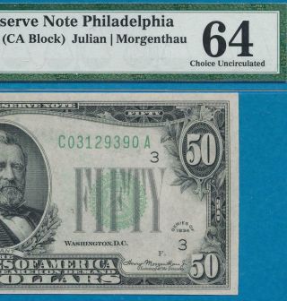 $50.  1934 D.  G.  S.  Philadelphia Federal Reserve Note Attractive Pmg Ch.  64