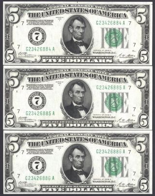 Fr.  1951 - G $5 1928a Federal Reserve Notes 3 Consecutive Examples Ch.  Crisp Unc