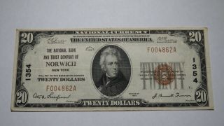 $20 1929 Norwich York Ny National Currency Bank Note Bill Charter 1354 Vf,