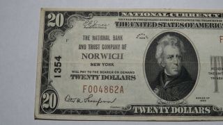 $20 1929 Norwich York NY National Currency Bank Note Bill Charter 1354 VF, 2