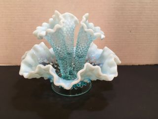 Vintage Fenton Blue Opalescent Hobnail Glass Epergne Bowl W/3 Horns Flower Vase