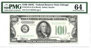 Fr 2155 G $100 1934c Federal Reserve Note Chicago Pmg 64