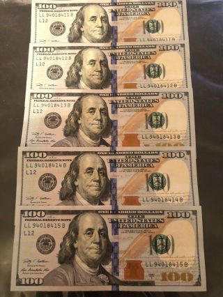 Uncirculated 5 X $100 One Hundred Dollar Bill In Sequential Consecutive Order Us