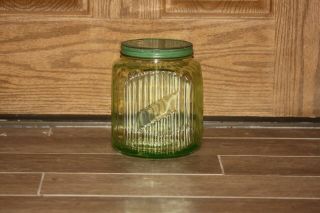 Vintage Green Ribbed Depression Glass Cookie Canister With Metal Lid