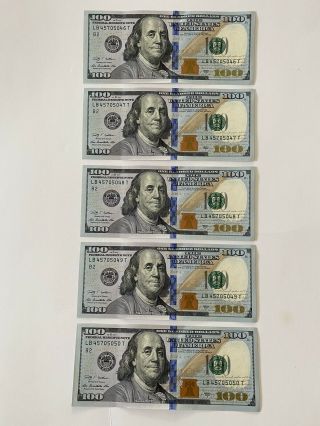 Five Uncirculated $100 One Hundred Dollar Bills In Sequential Consecutive Order