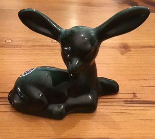 Vintage Mcm Blue Mountain Pottery Resting Fawn,  Deer,  Blue Green Glaze,  Canada