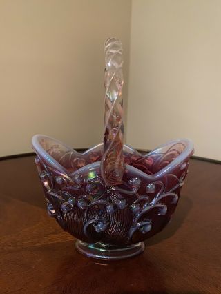 Fenton Plum Opalescent Lily Of The Valley Carnival Basket (signed By Bill Fenton)