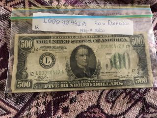 1934 Five Hundred Dollar Federal Reserve San Francisco Note Very Fine $500 Bill