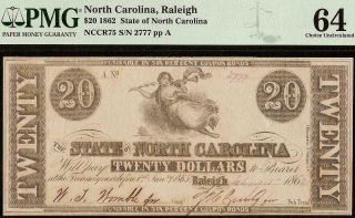 Unc 1862 $20 Dollar Bill Raleigh North Carolina Note Paper Money Cr 75 Pmg 64