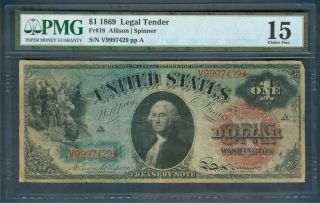 $1 Series 1869 Legal Tender,  Pmg Choice Fine 15