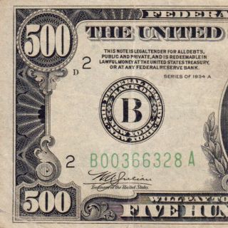1 Day 1934a $500 York Five Hundred Dollar Bill 1000 Fr2202 B0366328a