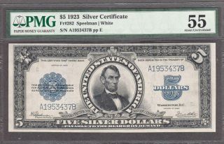 Fr.  282 1923 $5 Porthole,  Silver Certificate,  Pmg About Unc.  55.