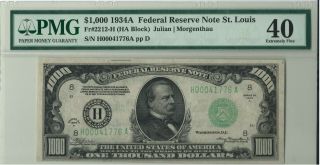 Extremely Fine 1934a $1000 St.  Louis Federal Reserve Note Pmg 40 H00041776a
