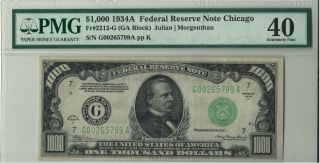 Extremely Fine 1934a Chicago $1000 One Thousand Dollar Frn G00265799a Pmg 40