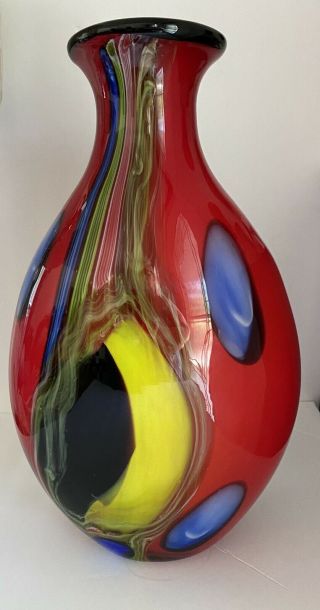 Large Red 18” Pulled Feather Blown Art Glass Vase,  Murano Or Dale Tiffany Style
