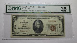 $20 1929 Rye York Ny National Currency Bank Note Bill Ch.  5662 Vf25 Pmg