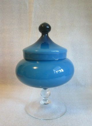 Retro Mod Empoli Glass Candy Jar W Lid Apothecary Midnight Blue Cased White 7.  5 "