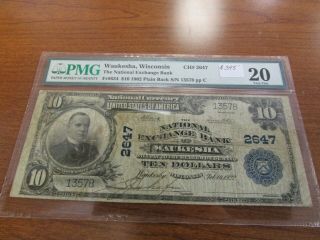 Large Size Wisconsin National Currency $10 Note National Exchange Bank Waukesha