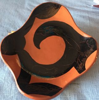 Saul Kaplan Pottery Glazed Ceramic Dish Brown & Black With Hands & Faces.