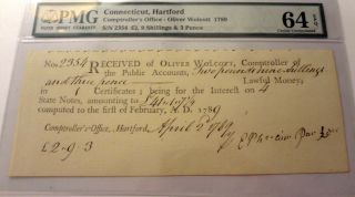 1789 - Oliver Wolcott - Hartford Comptroller - Office - Pmg - 64 Exceptional Paper Quality