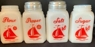 Vintage Mckee Red Sailboat/ship Roman Arch Milk Glass Shaker Set