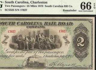 Large Gem 1873 $2 South Carolina Rail Road Train Currency Ticket Note Pmg 66 Epq
