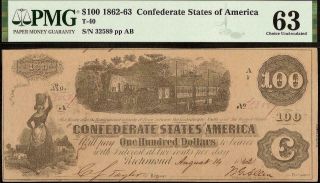 Unc 1862 $100 Dollar Bill Confederate States Currency Civil War Note T - 40 Pmg 63