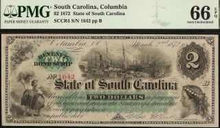 Large Gem 1872 $2 Dollar Bill South Carolina Note Currency Paper Money Pmg 66