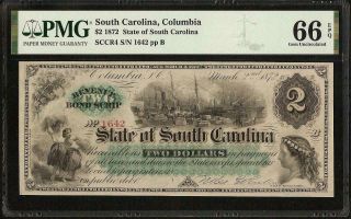 LARGE GEM 1872 $2 DOLLAR BILL SOUTH CAROLINA NOTE CURRENCY PAPER MONEY PMG 66 3