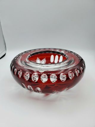 Vintage Ruby Red To Clear Crystal Ashtray Bowl 2.  25  T 7  W Floral Motif