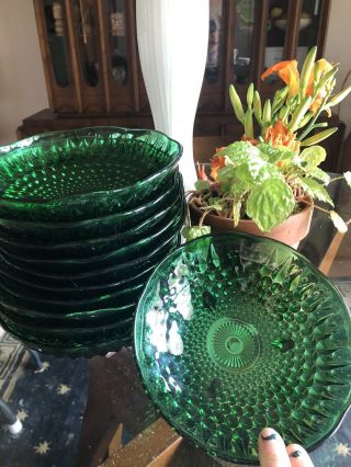Mid - Century Vintage Anchor Emerald Green Hobnail Bowls Set Of 11