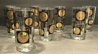 Vintage Cera Black & 22k Gold Coin Highball Glasses Set Of 8 Mcm Mid Century
