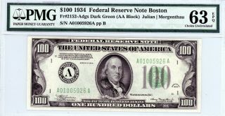 $100 1934 Federal Reserve Note Boston Fr 2152 - Adgs Dark Green Pmg 63 Epq