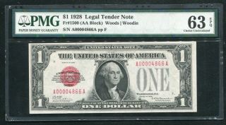 Fr.  1500 1928 $1 Red Seal Legal Tender United States Note Pmg Uncirculated - 63epq