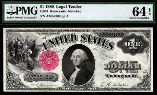 1880 Fr.  34 $1 One Dollar Bill Red Seal Legal Tender Pmg 64 Epq