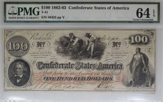 1862 - 63 $100 Confederate Currency.  T - 41.  Pmg 64 Epq Choice Unc - I - 9939