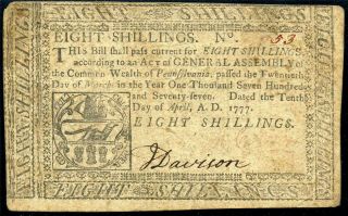 Hgr Sunday 1777 8 Shillings Colonial Pa ( (post Revolutionary War))