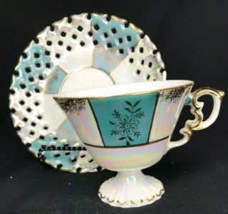 Vintage Japan Fine China Tea Cup Green Iridescent Pedestal Ornate